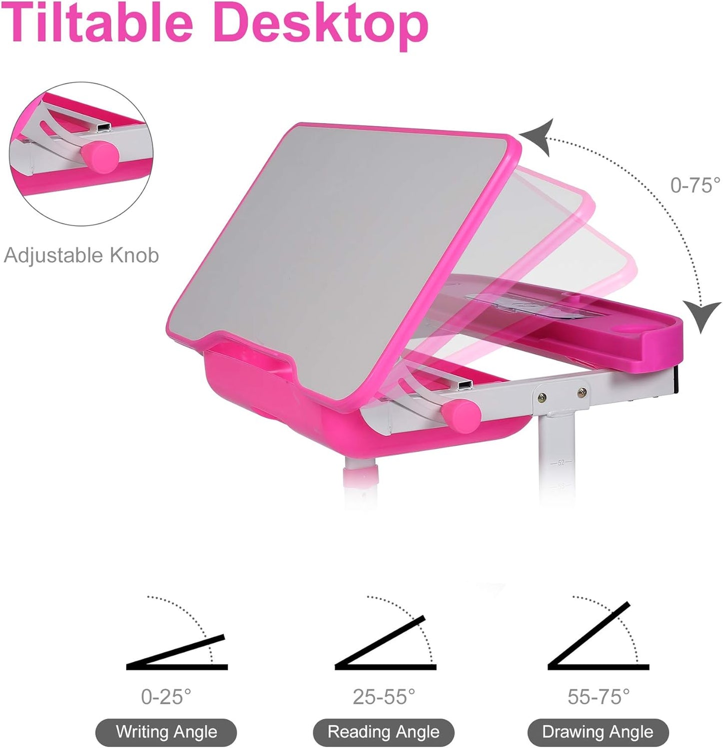 Kids Desk and Chair Set, Height Adjustable Child's School Study Writing Tables with Tilt Desktop, LED Light, Storage Drawer, Book Stand (Pink)