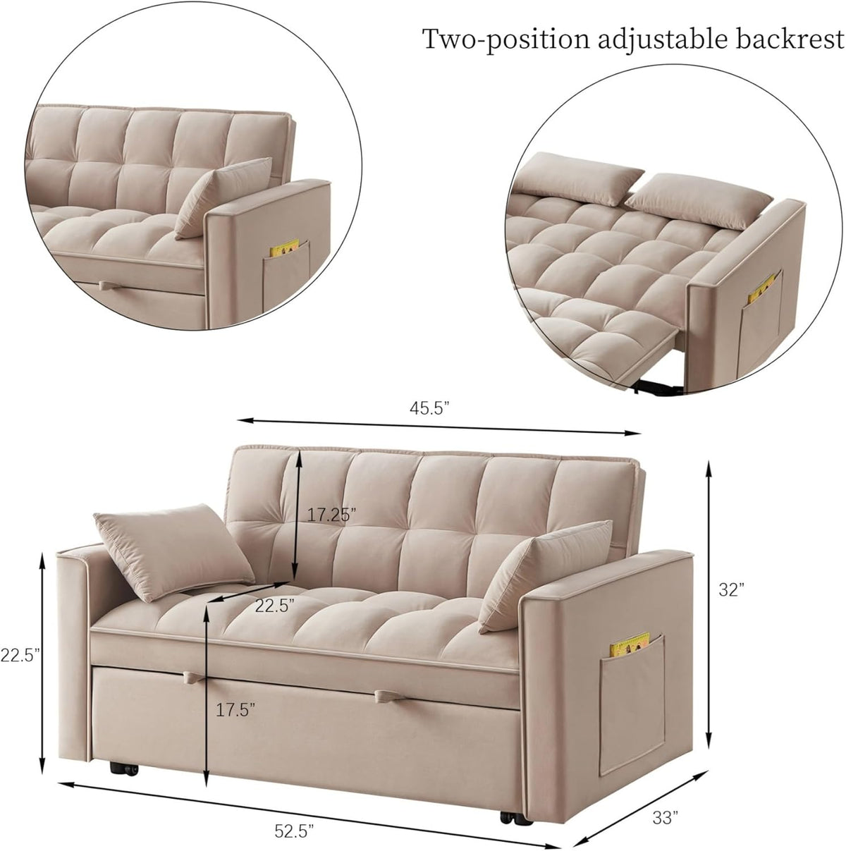KEIKI Velvet Loveseat Convertible Sofa Bed Sleeper Chair with Adjustable Backrest, Pillows & Storage Pockets, 3 in 1 Pull-Out Couch Chaise Lounge Recliner for Living Room Balcony Bedroom, Taupe