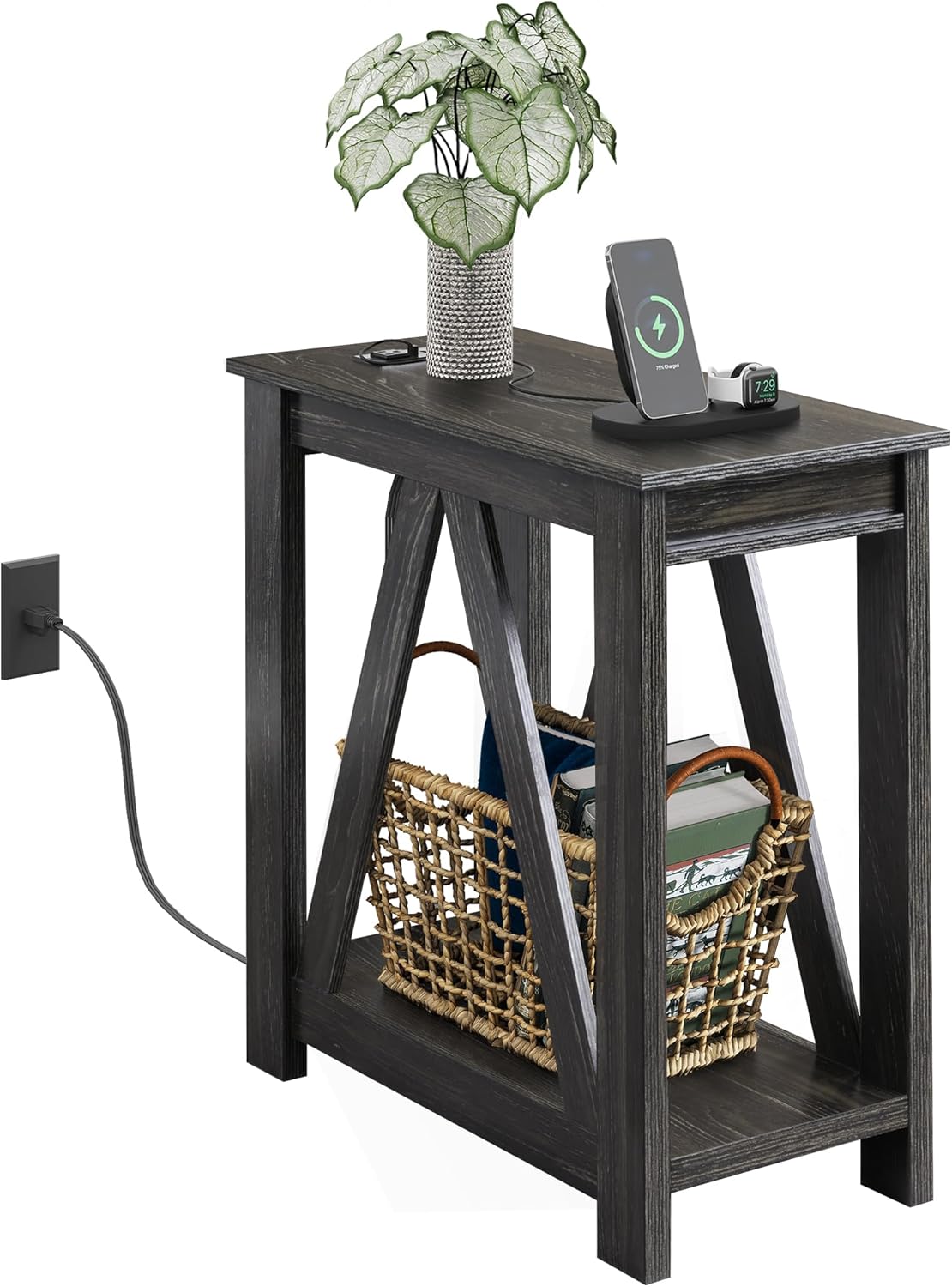 WLIVE Narrow End Table with Charging Station of Open Storage Shelf, Sofa Side Table with 2 USB Ports and 2 Power Outlets, Slim Farmhouse End Table for Small Spaces, Bedroom, Living Room