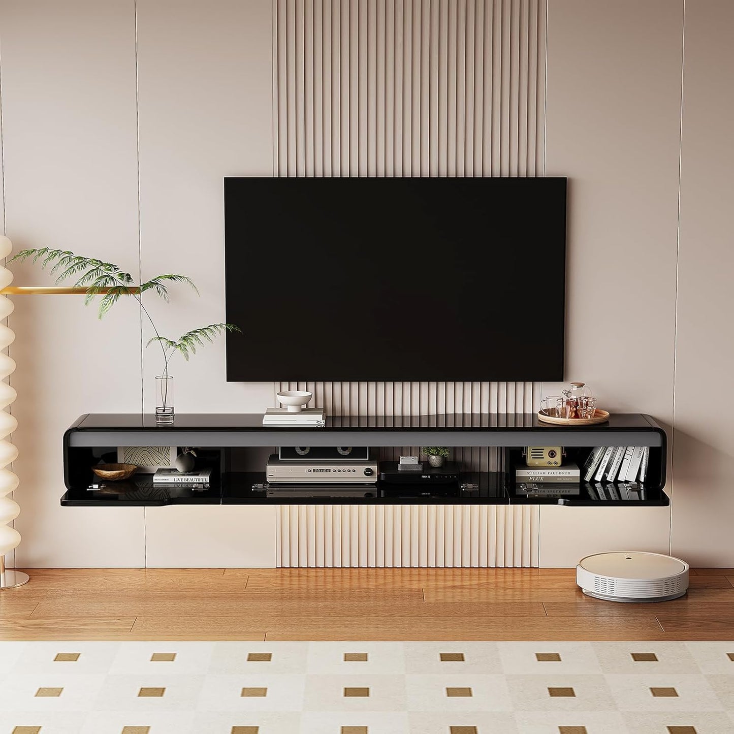 High Gloss Floating TV Stand with 3 Doors,86'' Wall Mounted TV Cabinet,Under TV Console,Floating Media Shelft for Bedroom Living Room(Black)