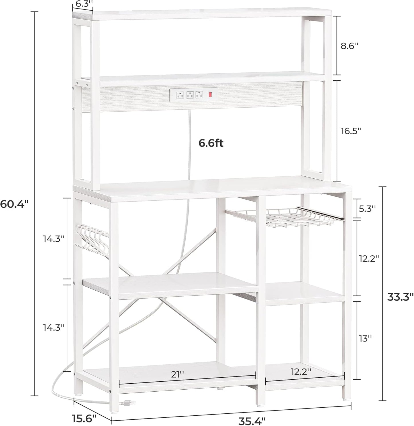 SUPERJARE Bakers Rack with Power Outlet, 35.4 Inches Coffee Bar with Wire Basket, Kitchen Microwave Stand with 6 S-Shaped Hooks, Open Storage Shelves, White