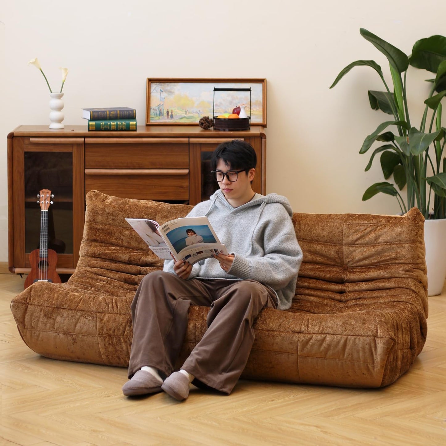 N&V Fireside Chair, Mid Century Armless Floor Sofa, Soft Premium Chenille Floor Lounge Chair, Foam Sofa Accent Chair for Living Room Bedroom and Office (Brown, Three Seater)