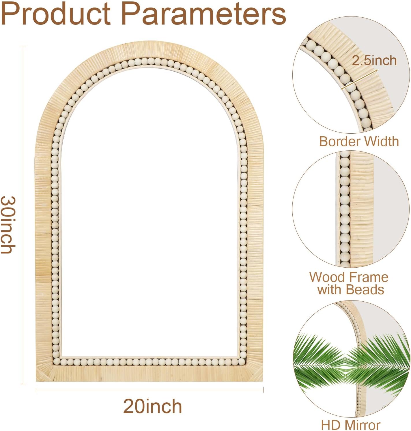 ULIKE Rattan Mirror for Bathroom, 20x30 Inch Arch Rustic Farmhouse Wall Decor with Handmade Wicker Frame, Boho Mirror for Nursery Bedroom Living Room Entryway