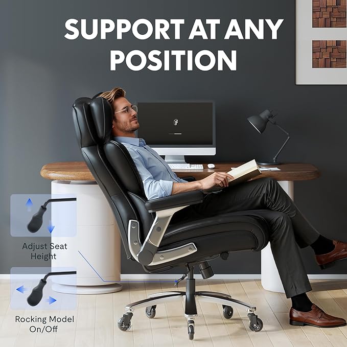 FLEXISPOT 600lbs Big and Tall Office Chair for Heavy People, Heavy Duty Computer Desk Chair with Dynamic Lumbar Support 2D Armrest Blade Wheels, Chairs for Home Office Gaming Working, Leather, Black