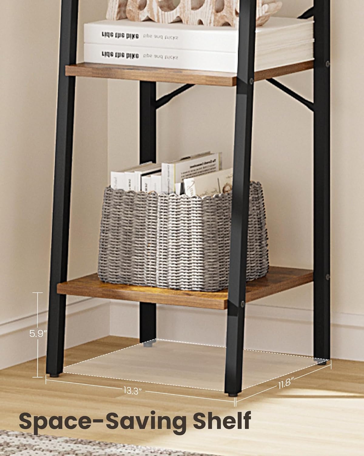 Ladder Shelf, Bookshelf Bookcase, Freestanding Corner Storage Shelve with 2 Hooks for Home Office, Living Room, Kitchen, Bedroom, Industrial, 4-Tier Rustic Brown BC13201B