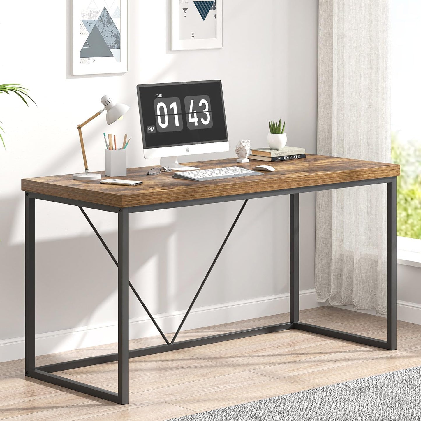 EXCEFUR Industrial Computer Desk, Wood and Metal Home Office Desk, Writing Study Work PC Table for Living Room Bedroom, Rustic Brown, 53 inch