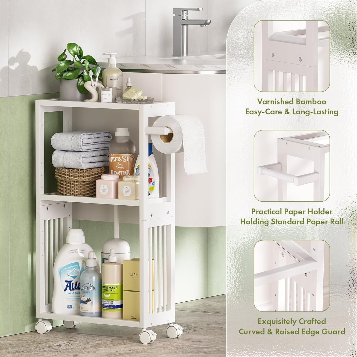AmazerBath White Toilet Paper Holder Storage - 3 Tier Bamboo Mobile Storage Shelf, Small Bathroom Rolling Storage Cabinet Corner, Thin Shelf for Narrow Spaces on Wheels, Slim Bathroom Organizer, White