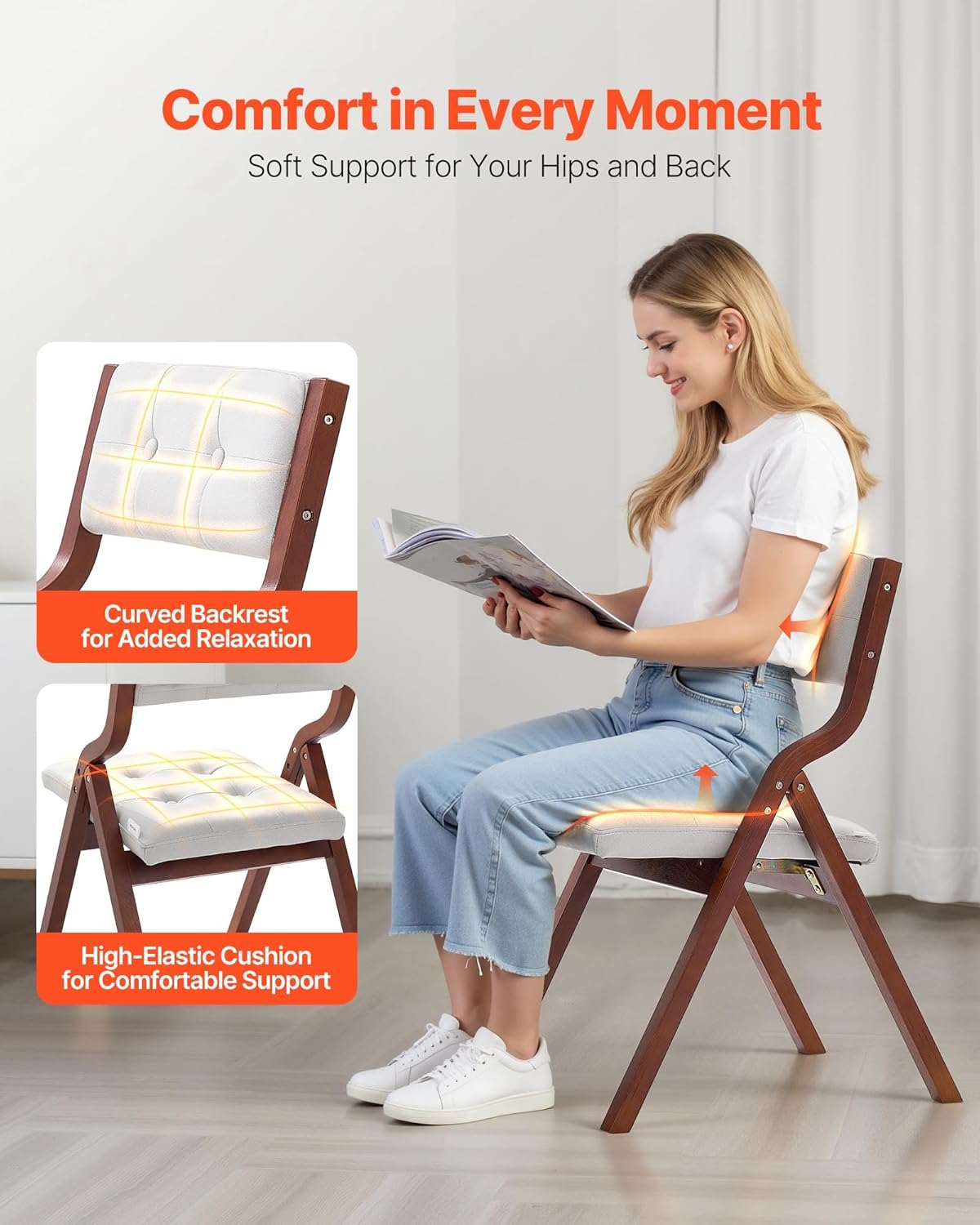 VEVOR Wooden Folding Chairs with Cushion, Set of 4, Portable Foldable Cushion Chair with Wooden Frame, Modern Padded Dining Chair for Kitchen, Office, Wedding, Party, Dining Room, Easy Assembly, White