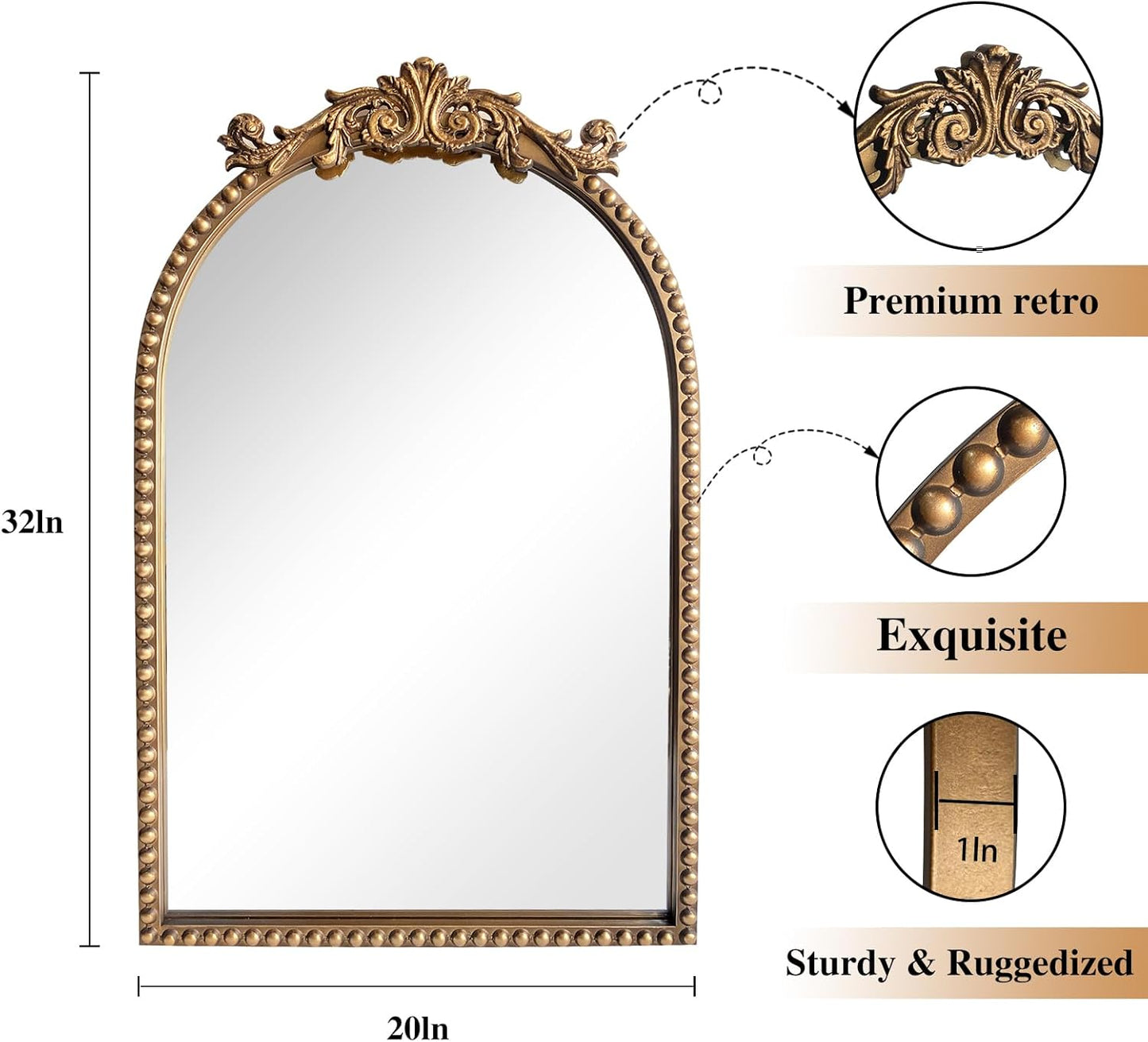 ironsmithn Gold Arched Mirror, 20"x32" Ornate Beaded Frame Mirror, Metal Decorative Accent Mirrors for Fireplace Bedroom Bathroom Living Room Entryway