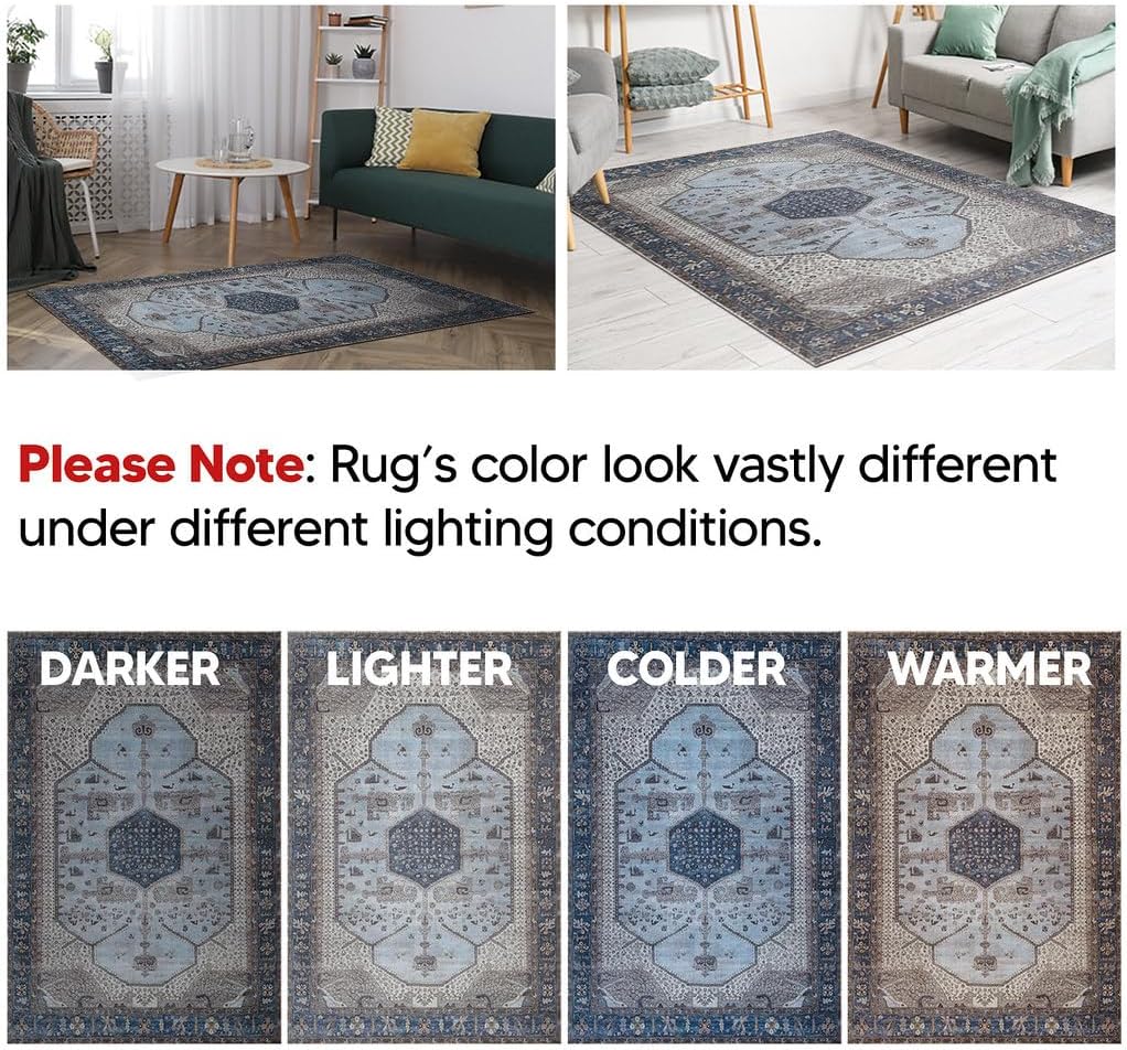 Keen Home Design 6x9 Rug - Machine Washable Area Rug with Non-Slip Backing, Ideal for Living Room, Dining Room, Bedroom - Vintage, Easy Clean, Durable, Low Pile Rug - (6' x 9')