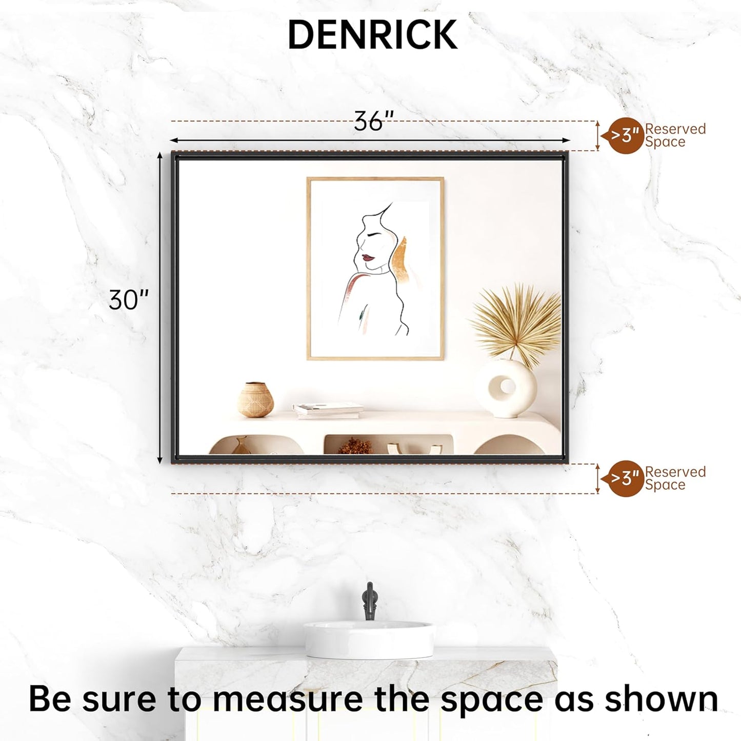 DENRICK 30X36 Inch Black Metal Framed Bathroom Mirror for Wall, Brushed Black Bathroom Vanity Mirrors, Anti-Rust, Tempered Glass, Hangs Horizontally or Vertically