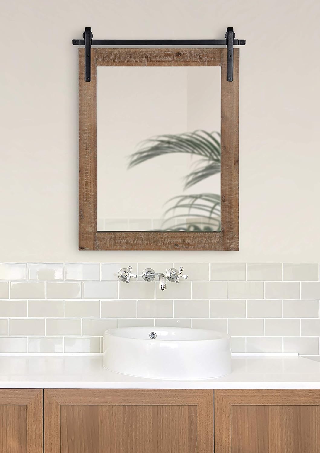 Kate and Laurel Cates Rustic Wall Mirror, 22" x 30" Rustic Brown, Farmhouse Barn Door-Inspired Wall Decor