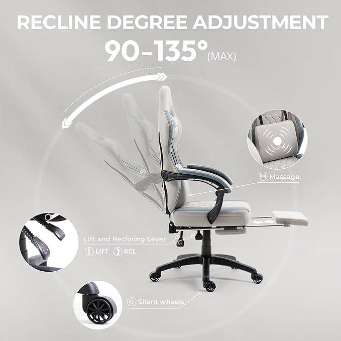 Dowinx Gaming Chair Breathable Fabric Game Chair with Gel Pad and Storage Bag, Comfortable Gamer Chair with Pocket Spring Cushion,Ergonomic Computer Chair with Footrest,Grey