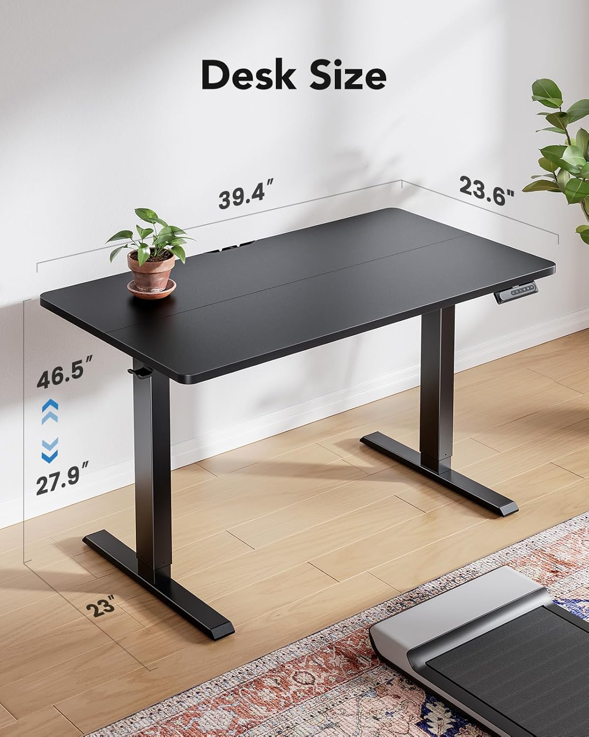 HUANUO 40" x 24" Electric Standing Desk Adjustable Height, 4 Memory Height Settings, Headphone Hook, Cable Manager, Sit Stand Up Desk for Home Office & Computer Workstation, Black