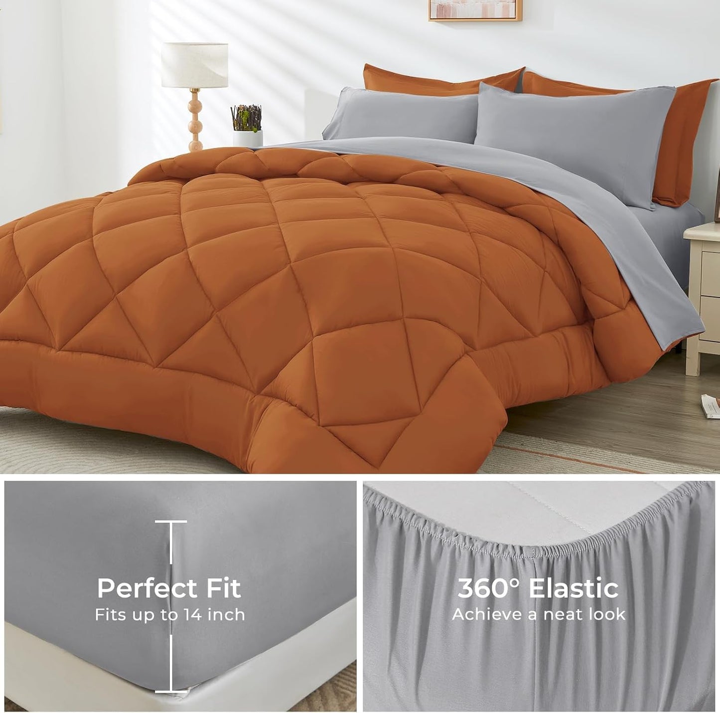 HEVUMYI Queen Comforter Set - 7-Piece All Season Bed in a Bag Queen, Ultra Soft Bedding Set with Comforter, Flat Sheet, Fitted Sheet, Pillowcases, Pillow Shams, Orange & Light Grey