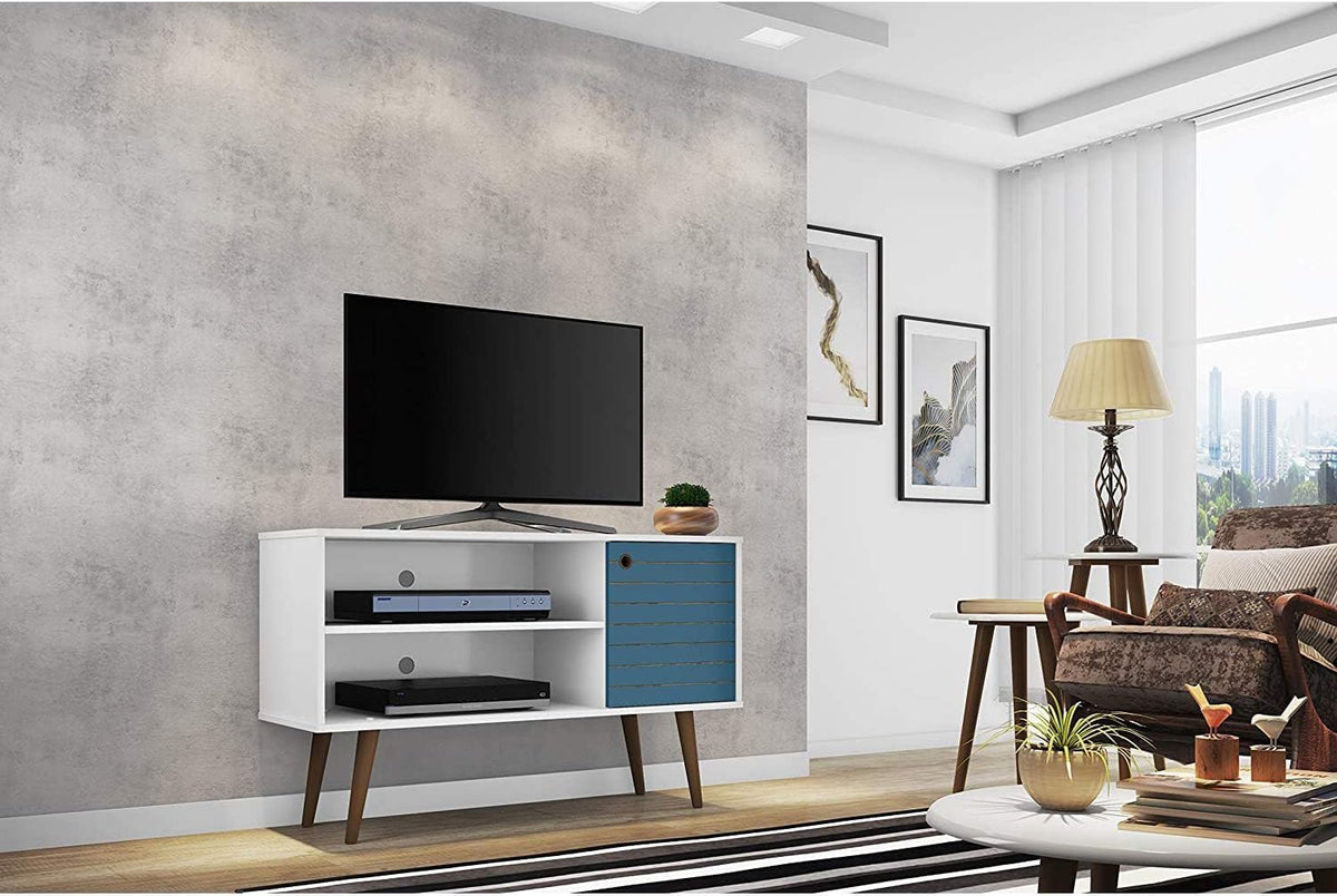 Manhattan Comfort Liberty Mid Century Modern TV Stand for Televisions up to 46 Inches, Bedroom and Living Room Entertainment Center with Storage, Shelves, and Cabinet, 43" Wide, White/Aqua Blue