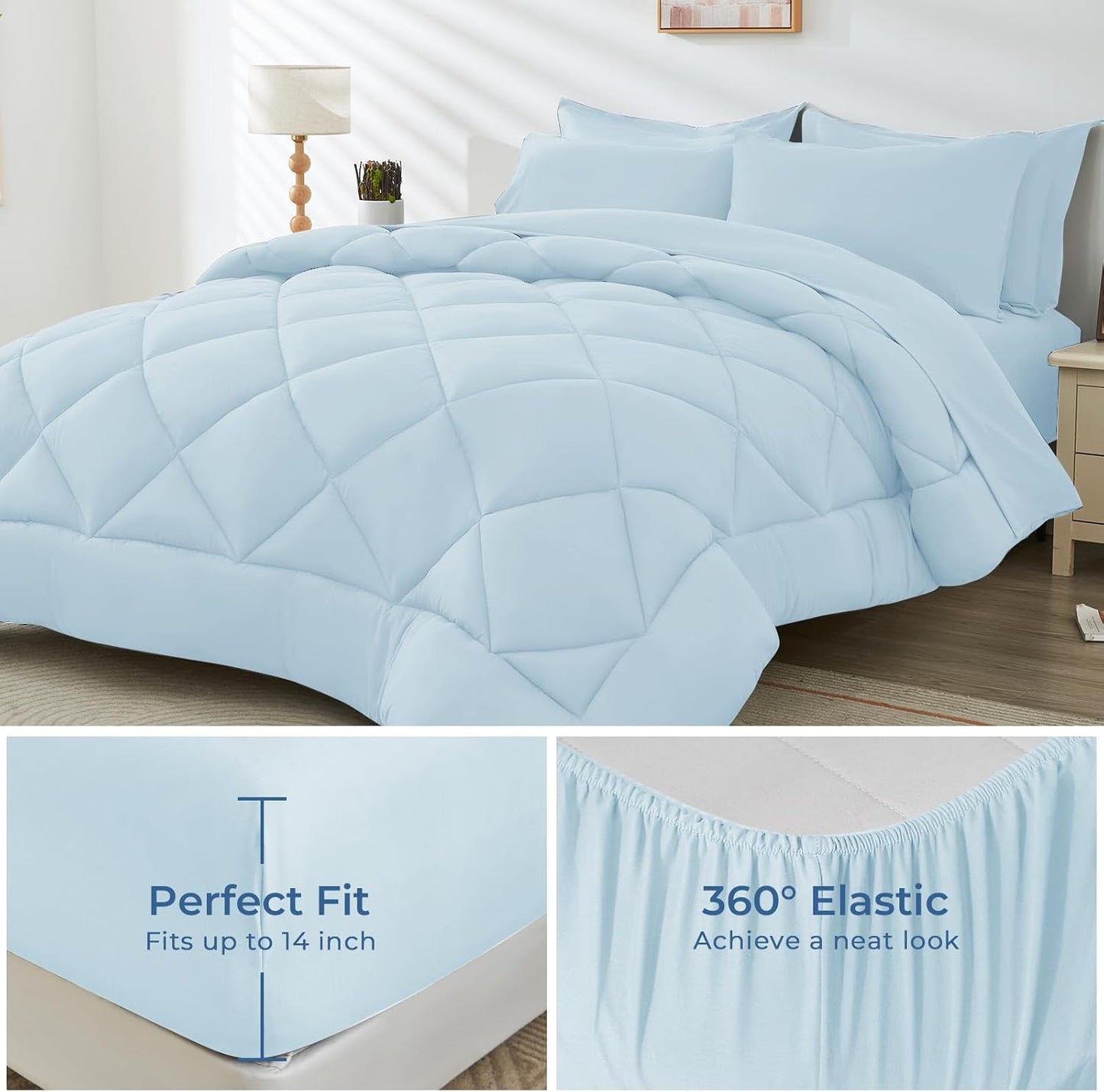 HEVUMYI Twin Comforter Set - 5-Piece All Season Bed in a Bag Twin, Ultra Soft Bedding Set with Comforter, Flat Sheet, Fitted Sheet, Pillowcases, Pillow Shams, Greyish Blue