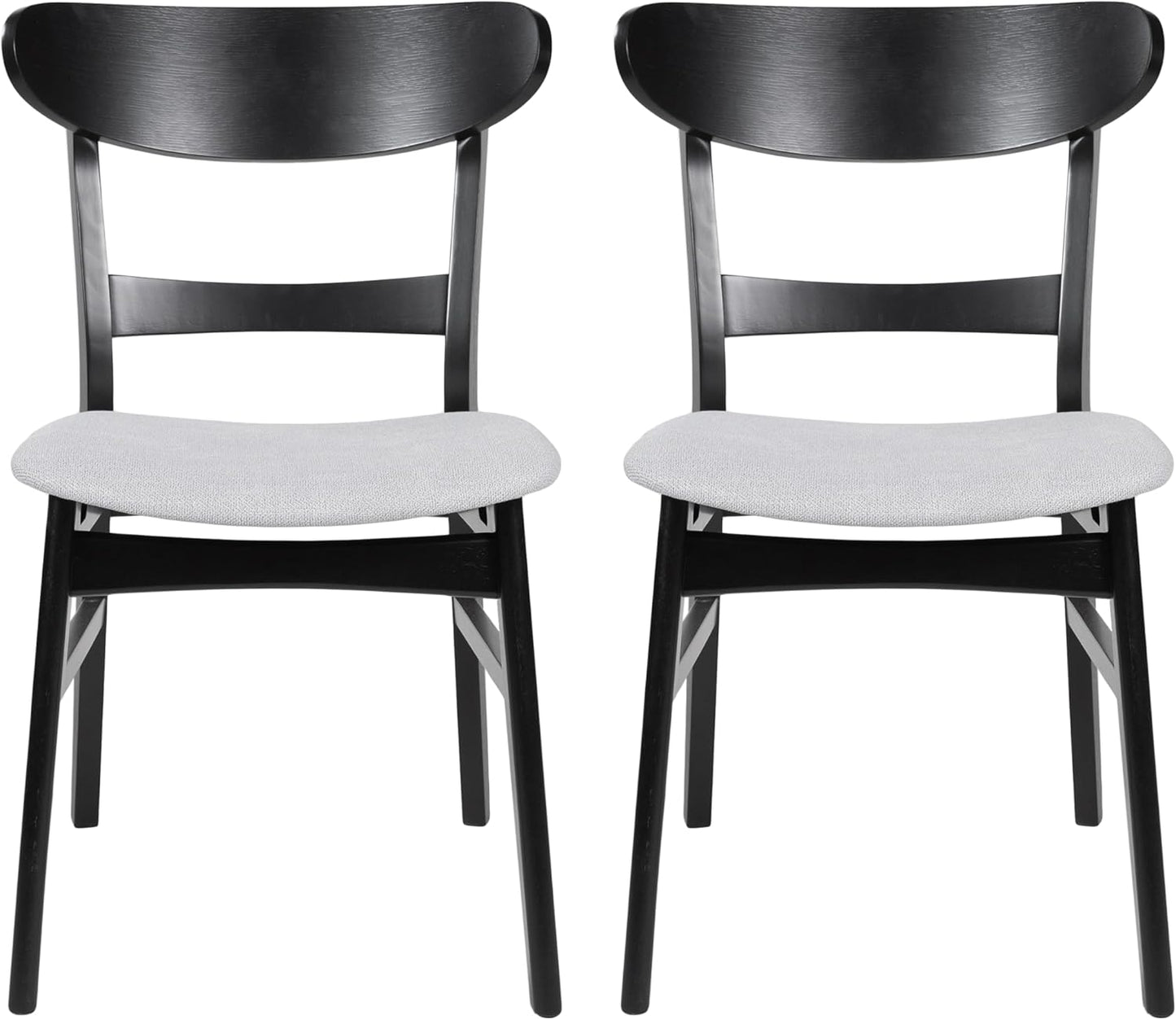 Set of 2 Solid Wood Dining Chairs, Fabric Upholstered Seat Mid-Century Modern Kitchen Furniture for Living Room, Light Gray+Black