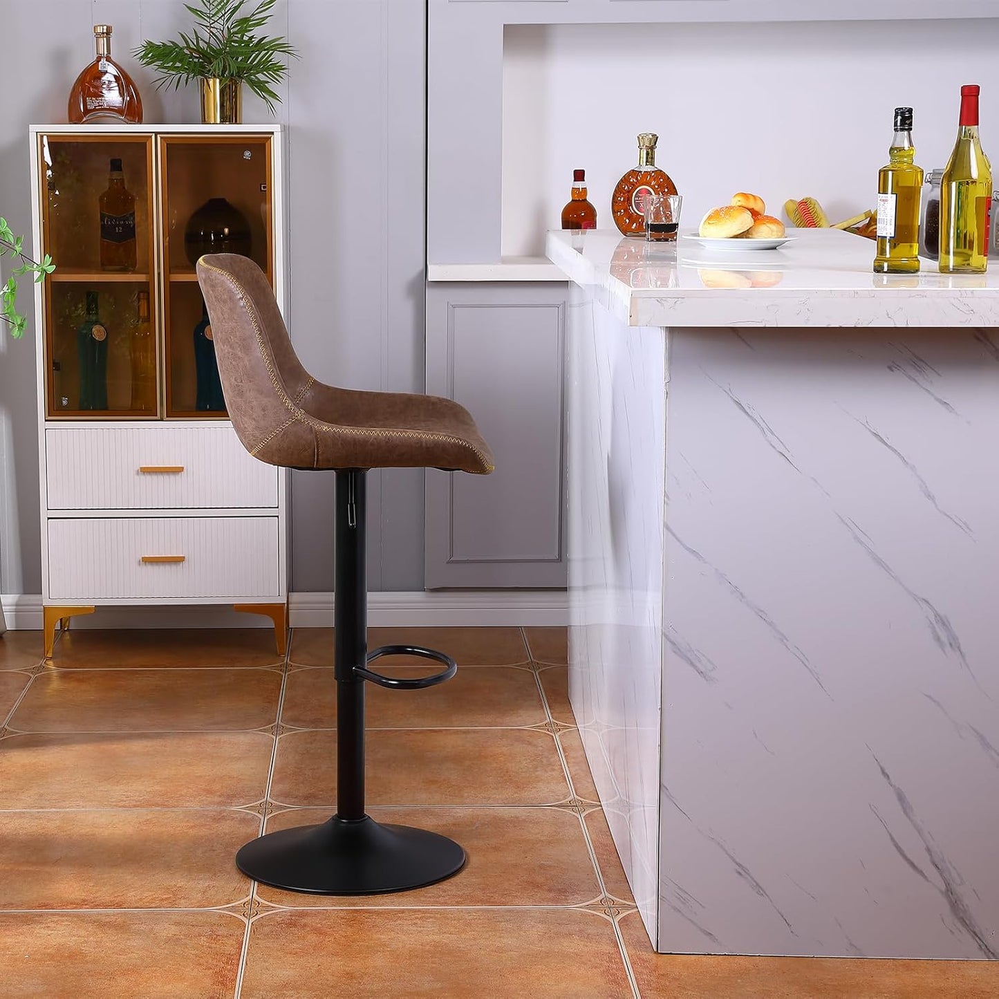 Bar Stools, Swivel Counter Height Barstools with Back, Adjustable Modern Bar Chairs, Tall Armless PU Leather Kitchen Island Stool (Brown, Set of 3)