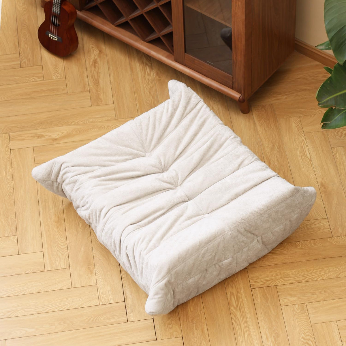 N&V Fireside Chair, Mid Century Armless Floor Sofa, Soft Premium Chenille Floor Lounge Chair, Foam Sofa Accent Chair for Living Room Bedroom and Office (White, Ottoman)
