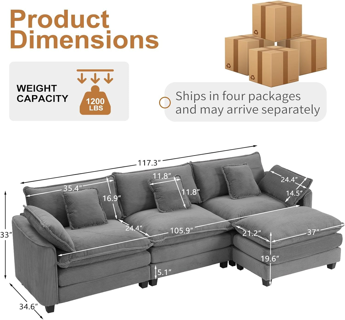Furniliving 117‘’ L-Shaped Sofa, Luxury Corduroy Modular Sectional Couches with Ottoman, Upholstered Deep Seat Sleeper Sofa with Memory Foam and Waist Pillows, Grey