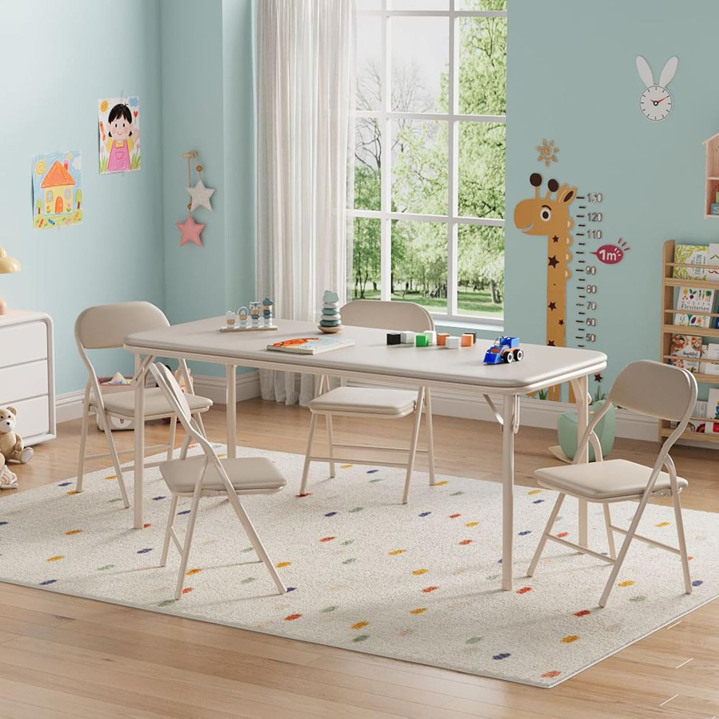 IDEALHOUSE 5 Piece Folding Kids Table and Chairs Set, Children Activity Table and Chairs Set for Dining Room,Daycare,Classrooms