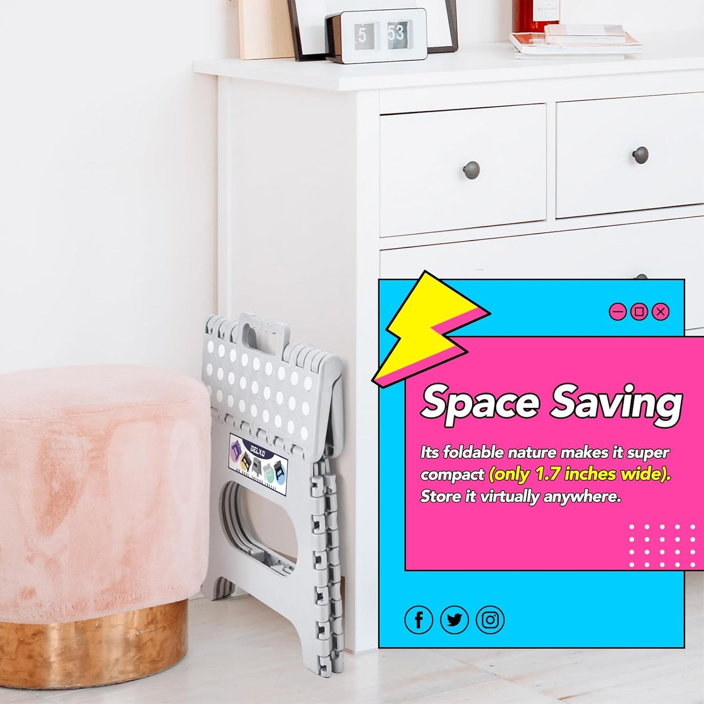 Delxo Folding Step Stool, 11 inch Non-Slip Foldable Stools Up to 300 LBS, Step Stool with Handle, Lightweight for Kitchen, Bathroom, Bedroom, Garden, Grey, 1PC