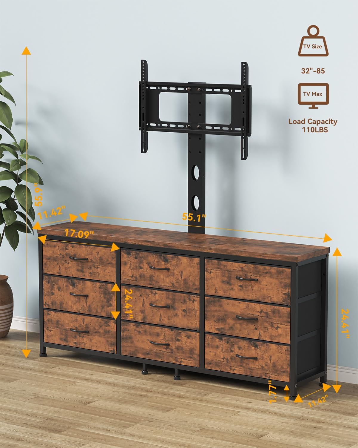 TV Stand with Mount for 32/55/65/75/85 inch TVs, Entertainment Center with 9 Fabric Drawers Dresser Storage, Height Adjustable Media Console