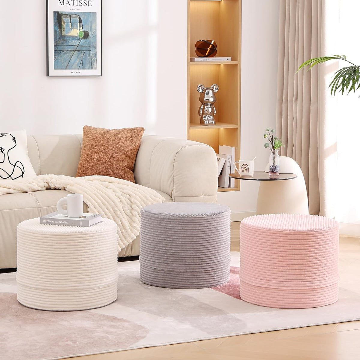LITA Round Stuffed Pouf Ottoman, Velvet Poufs with High-Density Foam Filling and Washable Cover, Furry and Fluffy Bean Bag Foot Stools Ottoman for Living Room, Bedroom, Office, Beige
