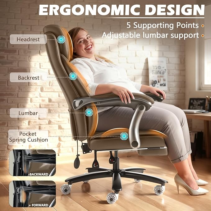600LBS Reclining Heavy Duty Office Chair with Foot Rest, Big and Tall Office Chair with Pocket Spring Cushion, Large High Back with Adjustable Lumbar Support,Dual Rubber Wheel