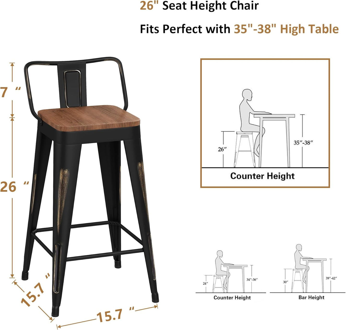 WENTMENT Bar Stools Set of 4 Counter Height Bar Stools Metal Barstools with Removable Back 26" Kitchen Bar Stools with Wooden Seat, Distressed Black