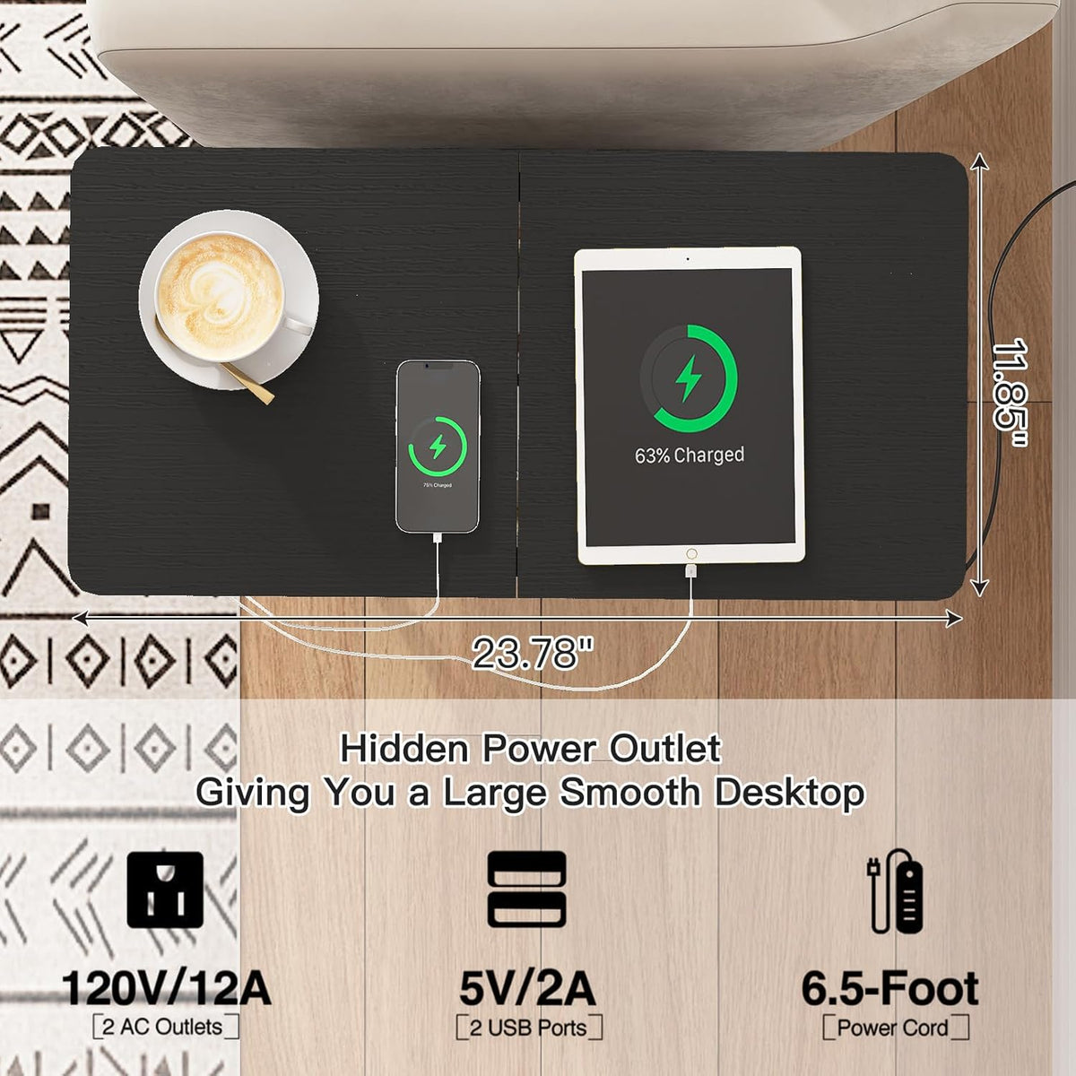 LIDYUK End Table with Charging Station, Narrow Side Table with Drawer and USB Ports & Power Outlets, Nightstand Bedside Tables for Small Spaces, Bedroom, Living Room, Black