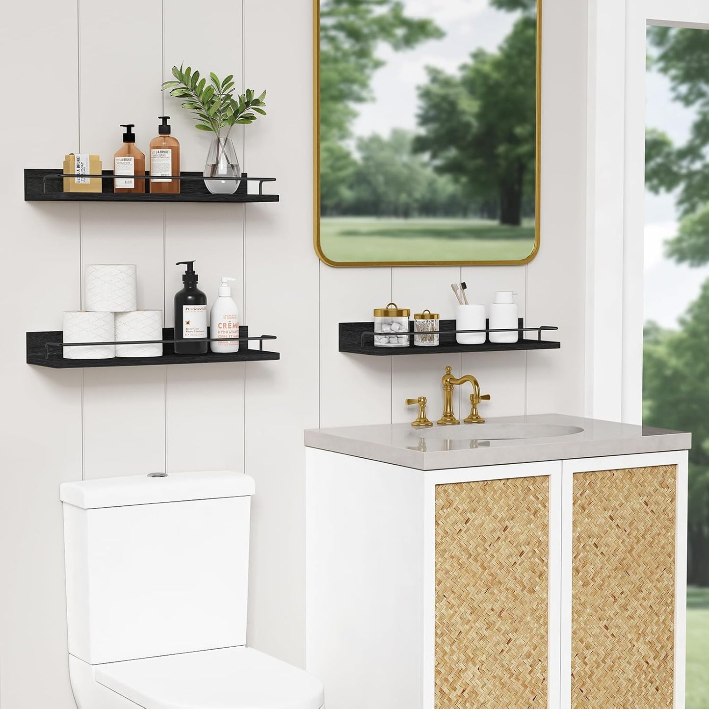 Forbena Black Floating Shelves for Wall, Bahtroom Wall Shelves Over Toilet, Rustic Hanging Shelf with Lip Rail for Bedroom Kitchen Office Living Room Picture Photo Decor, 17 Inch Long-Set of 3