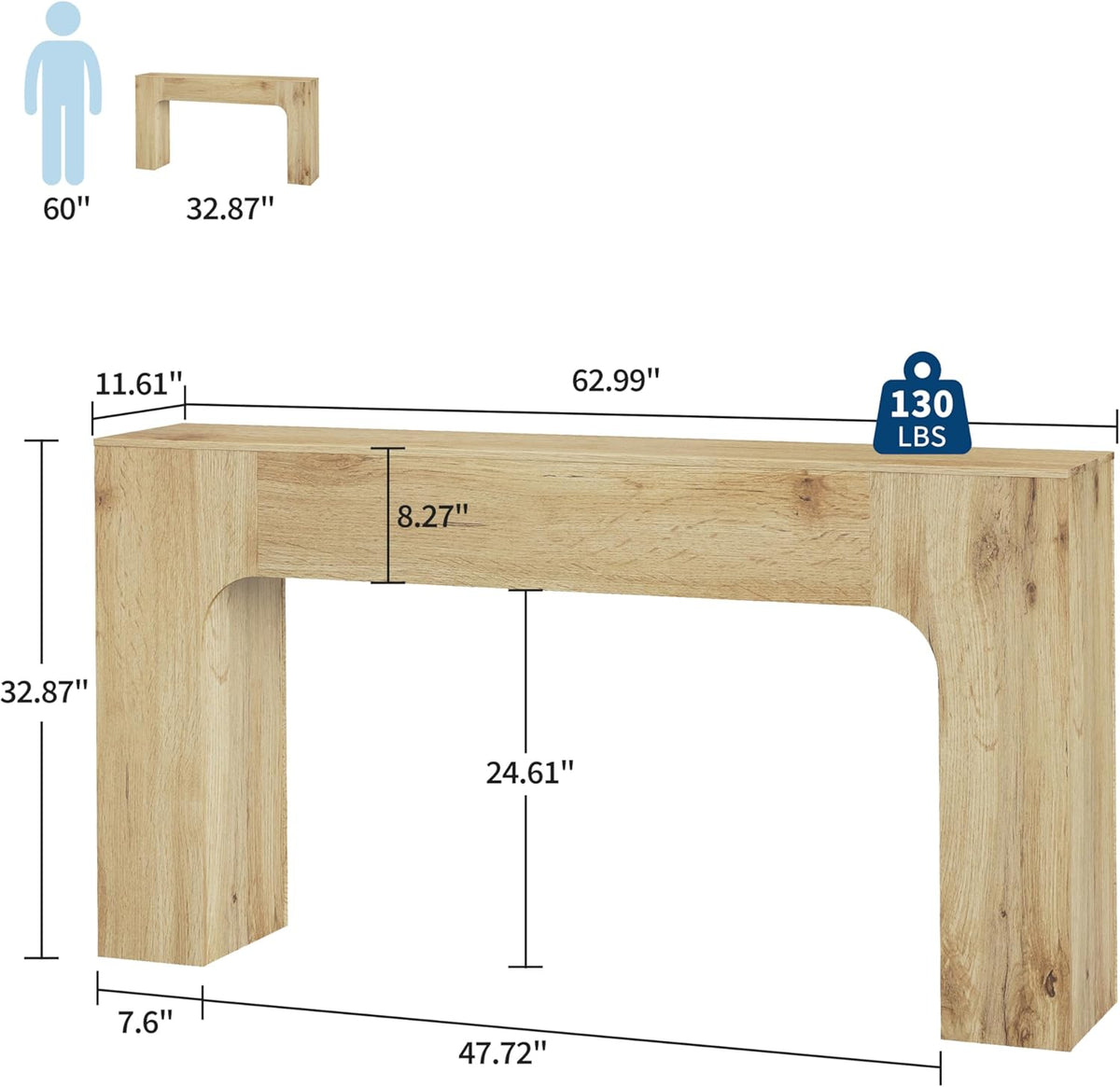 63 Inch Farmhouse Long Console Table, Wooden Sofa Table for Behind Couch, Entryway Furniture for Living Room or Hallway, Foyer Accent in Cracked Oak