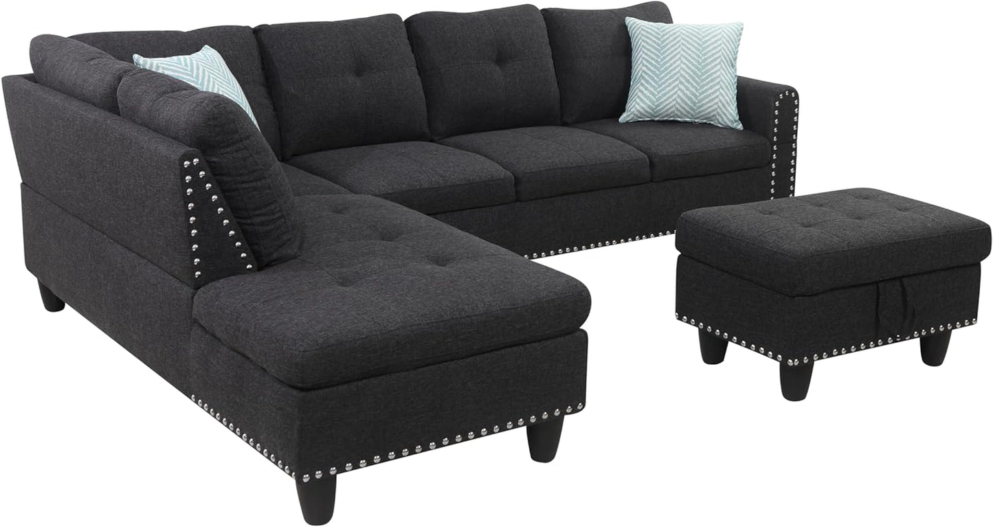 Ball & Cast 98" L Shaped Sectional Couch for Living Room with Chaise & Storage Ottoman,4 Seat Linen Upholstered Modular Sectional Sofa Set 3 PCS W/Cup Holders & Coffee Table,for Home,Office,Charcoal