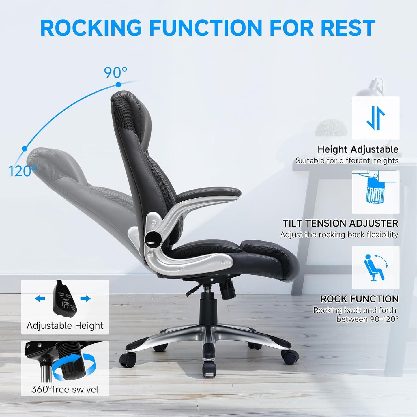 COMHOMA Big and Tall Office Chair, High Back Leather Executive Chair with Pocket Spring Lumbar Support and Flip-up Armrests, Swivel Managerial Office Chair with Adjustable Height， Black