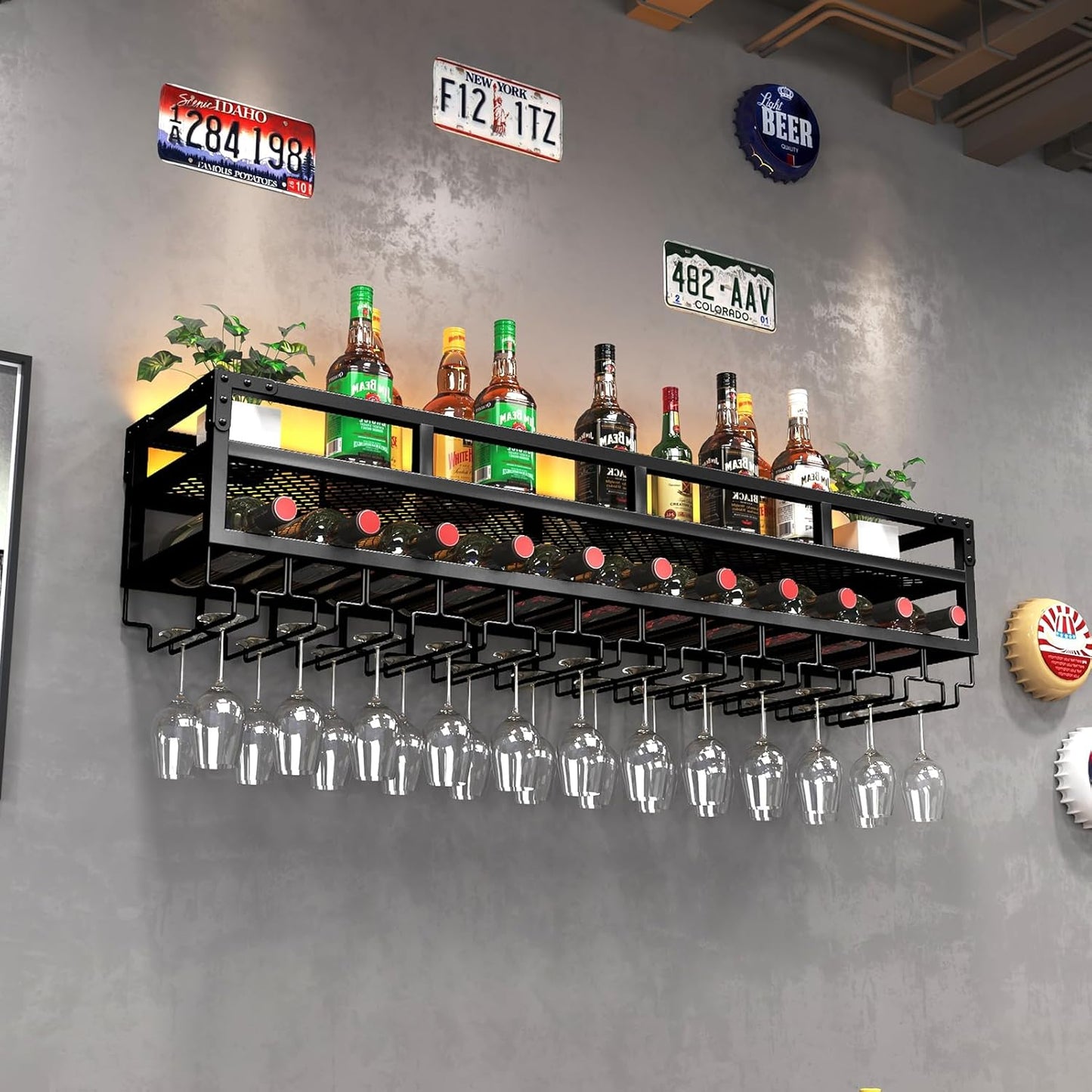 Pengfei LED Wine Rack Wall Mounted, Industrial Metal Wall Wine Shelf & Glass Holder, Large Floating Shelves Wine Bottle Storage Display Rack for Home Bar Dining Room Decor