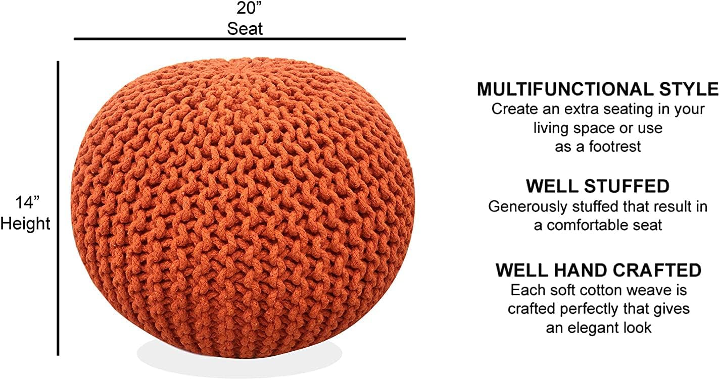 FRELISH DECOR Round Pouf Ottoman Hand Knitted 100% Cotton Pouf Foot Stool Knitted Bean Bag - Floor Chair for Living Room Bedroom - Foot Rest for Couch (20 Diameter x 14 Height) - Pumpkin Orange