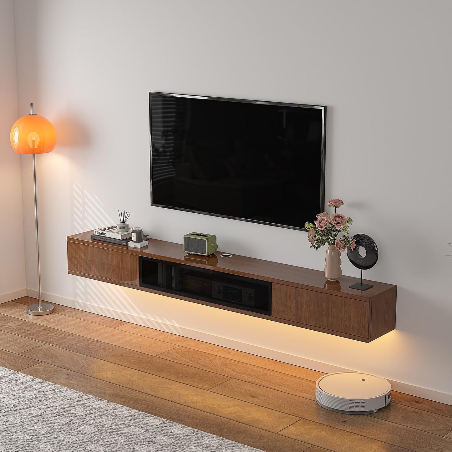 High Gloss Floating TV Stand,70'' Wall Mounted TV Console,Under TV Floating Shelf,Floating TV Cabinet with 3 Doors for Bedroom Living Room(Walnut)
