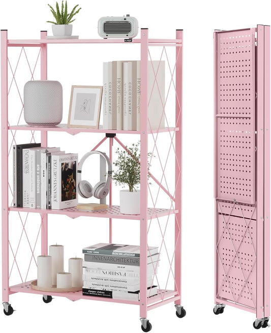 ALANNG Storage Shelves with Wheels, Bookshelf with Storage, No Assembly Metal Rack Shelf for Kitchen, Office, Laundry, Garage (4 Tier, Pink)