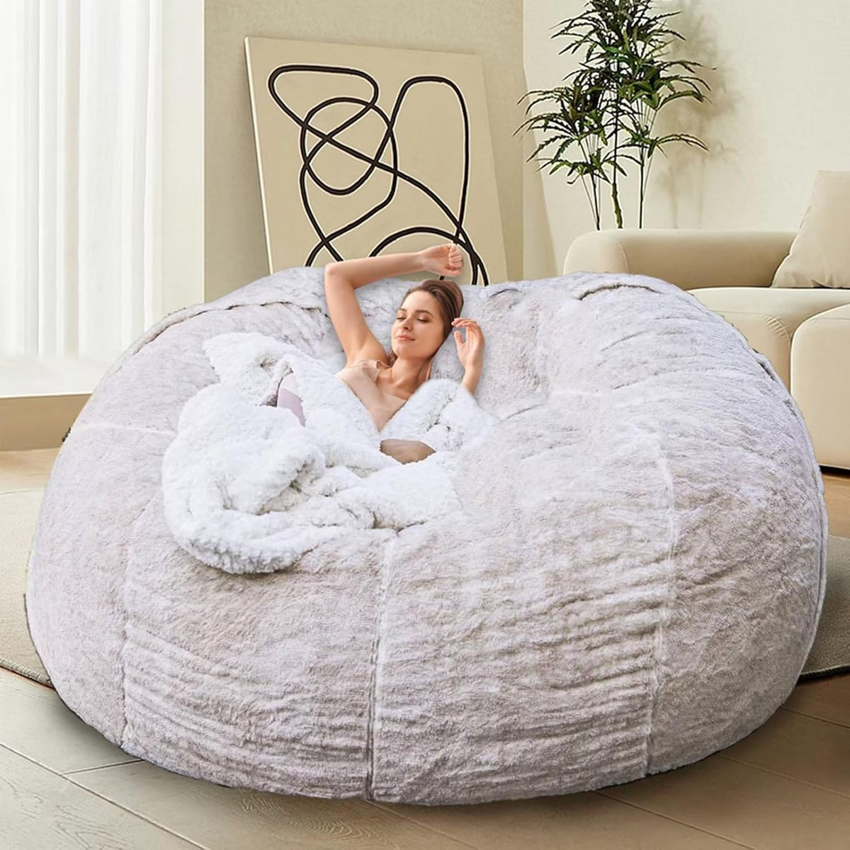 Bean Bag Chair for Adults Kids Without Filling Comfy Oversized Round Lazy Sofa Bean Bag Cover for Stuffed Animal Storage Bedroom Living Room Chairs, 6FT, White