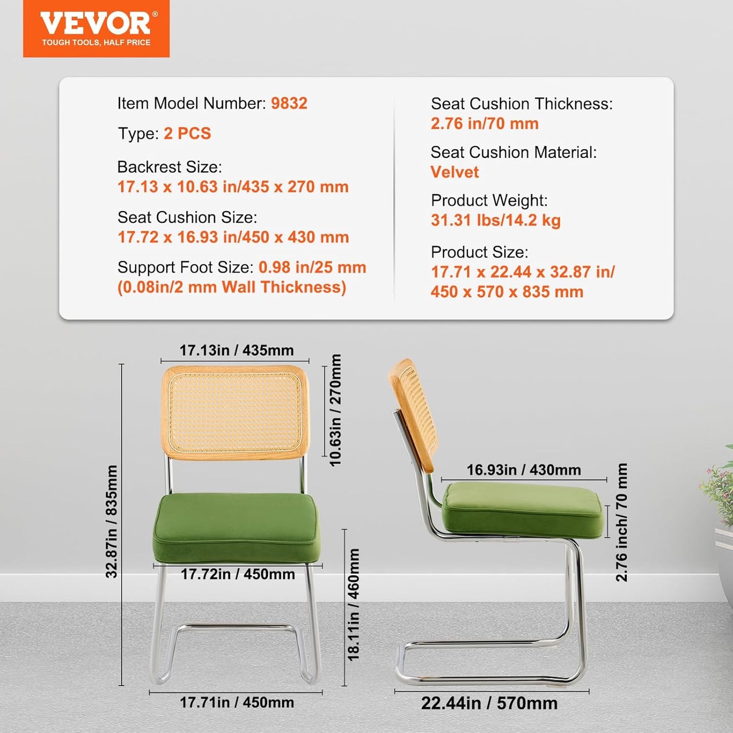 VEVOR Rattan Dining Chairs Set of 2, Mid Century Modern Dining Chair, Upholstered Velvet Accent Chair with Rattan Back, Retro Dining Room Kitchen Chair for Living Room, Bedroom (18.1 Inch)