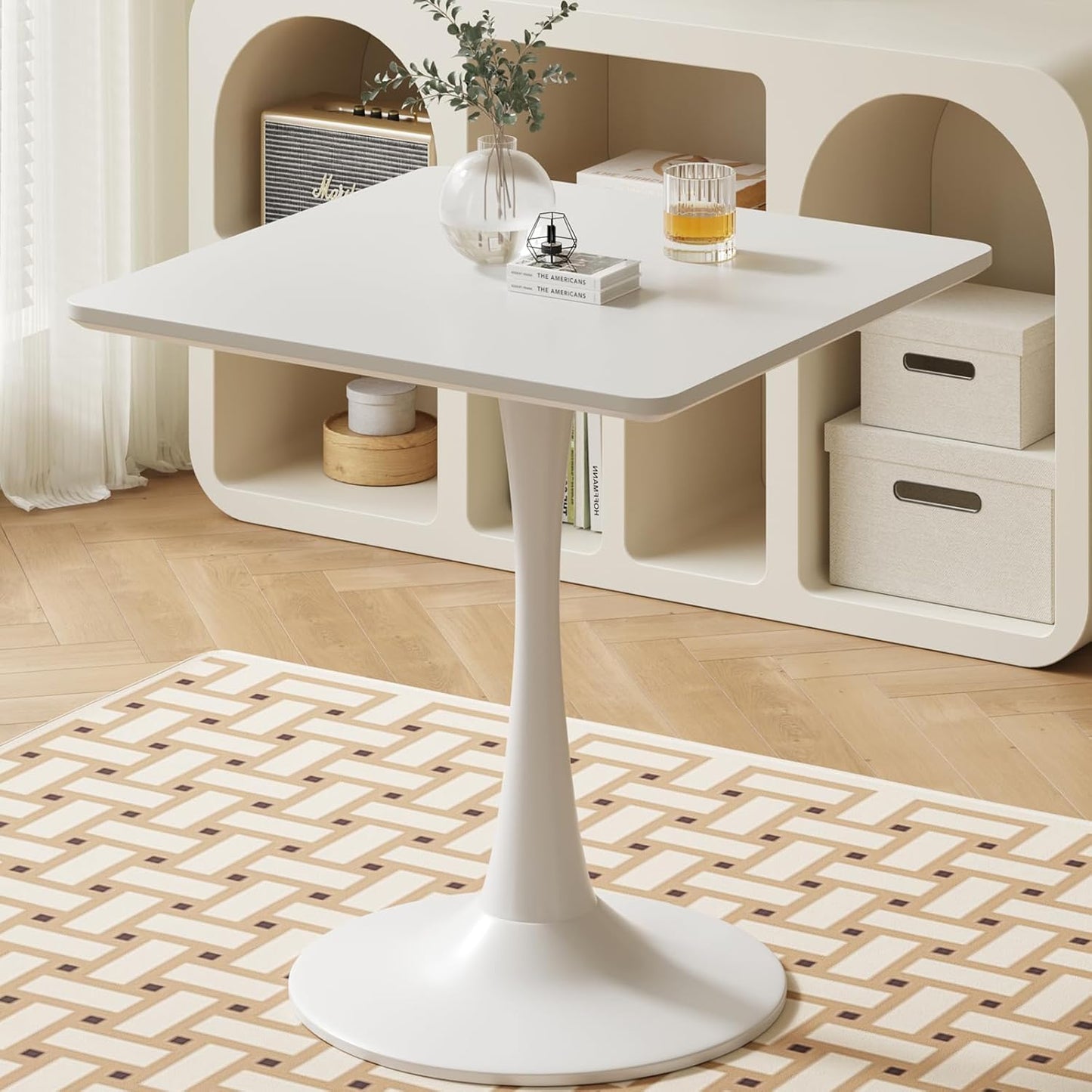 White Square Tulip Table for 2 Person, 24 Inch Small Dining Table with Metal Pedestal Base for Kitchen, Mid Century Modern Table with Round Corners for Living Room, Cafe, Office, Pub, Bar, Bistro