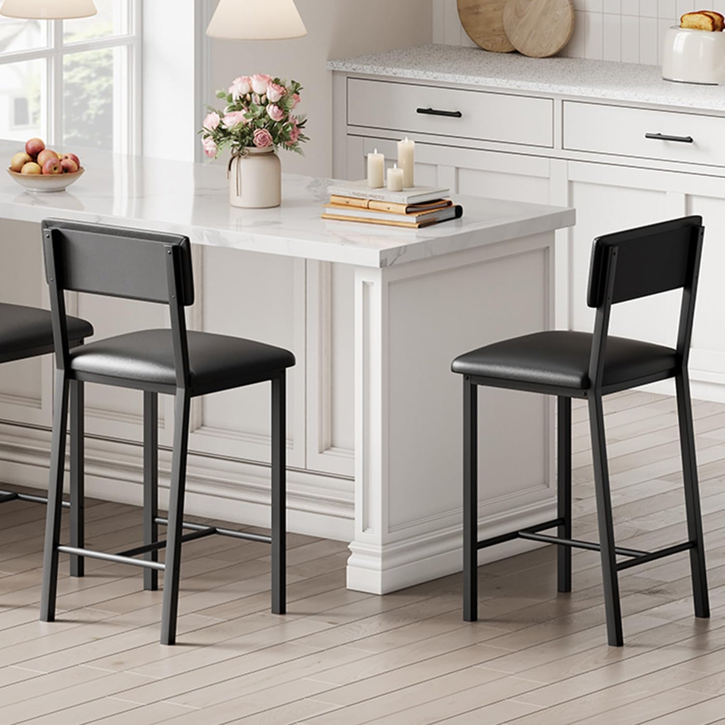 GarveeHome Bar Stools Set of 2, Counter Stools with Back and Thickened Metal Legs, Upholstered PU Leather Counter Height Barstools with Footrest, for Kitchen Island, Bar, Black
