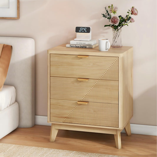 3 Drawer Fluted Nightstand for Bedroom, Modern Wood Chest of Drawers with Curved Profile, Fluted Dresser & Wood Drawer Organizer for Bedroom and Hallway