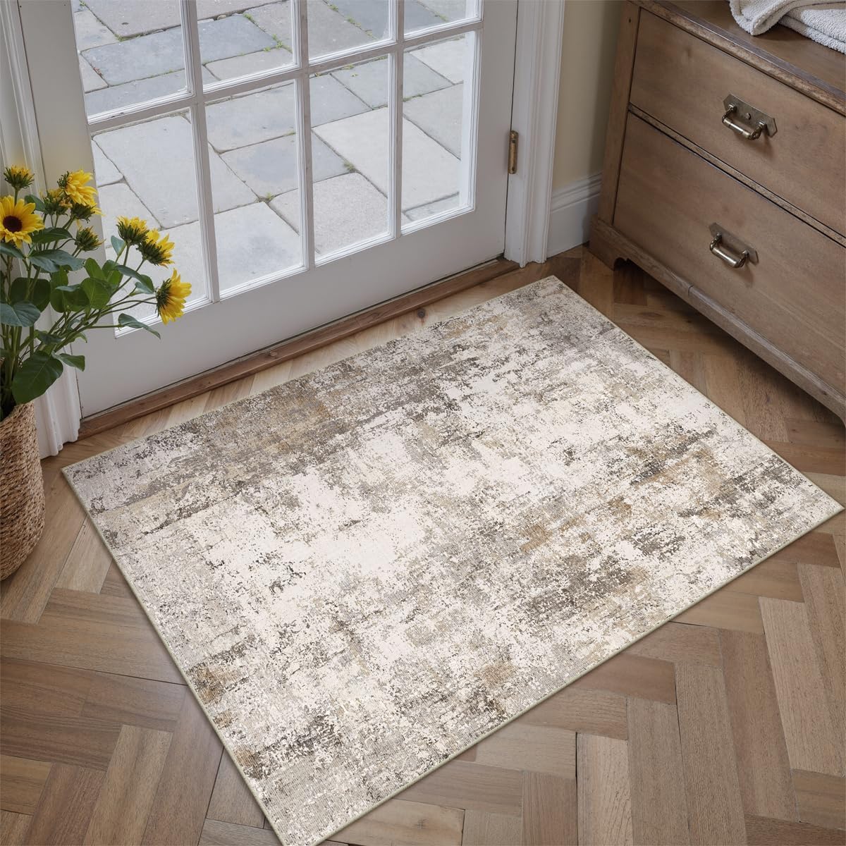 2x3 Washable Area Rug Brown Grey Neutral Abstract Entryway Kitchen Non Slip Low Pile Throw Rug Living Room Bedroom Indoor Doormat Small Soft Carpet for Entrance Bathroom