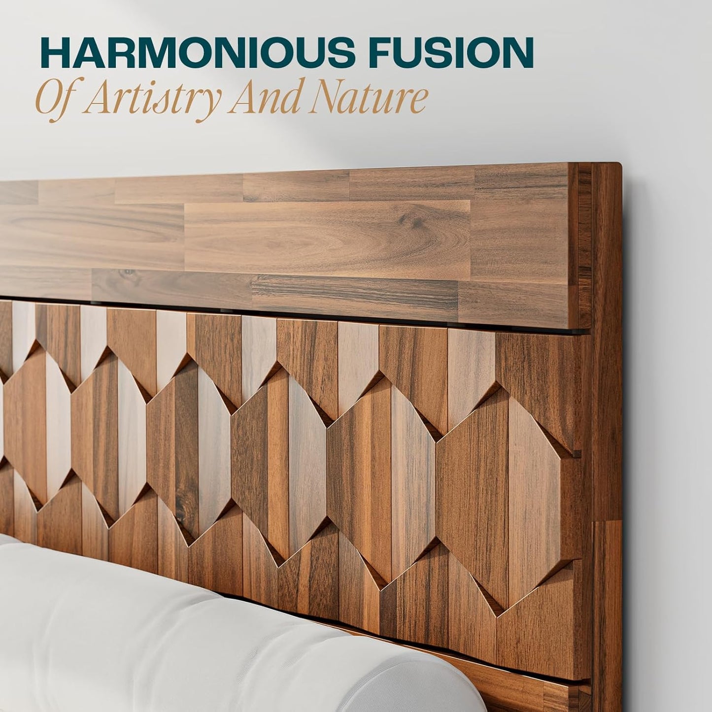 Bme Georgina Signature Dark Choco Bed Frame, King Bed Frame and Headboard Handcrafted Geometric, Mid Century Modern, Solid Acacia Wood, No Box Spring Needed, 12 Wood Slats Support, Easy Assembly