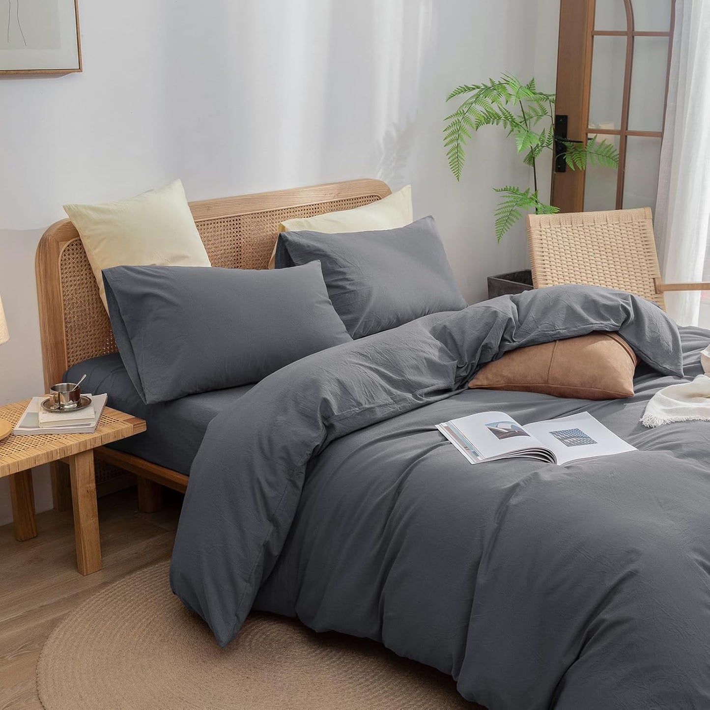 BESTOUCH Duvet Cover Set 100% Washed Cotton Linen Feel Super Soft Comfortable Chic Lightweight 2 PCs Home Bedding Set Solid Quiet Shade Grey/Twin XL