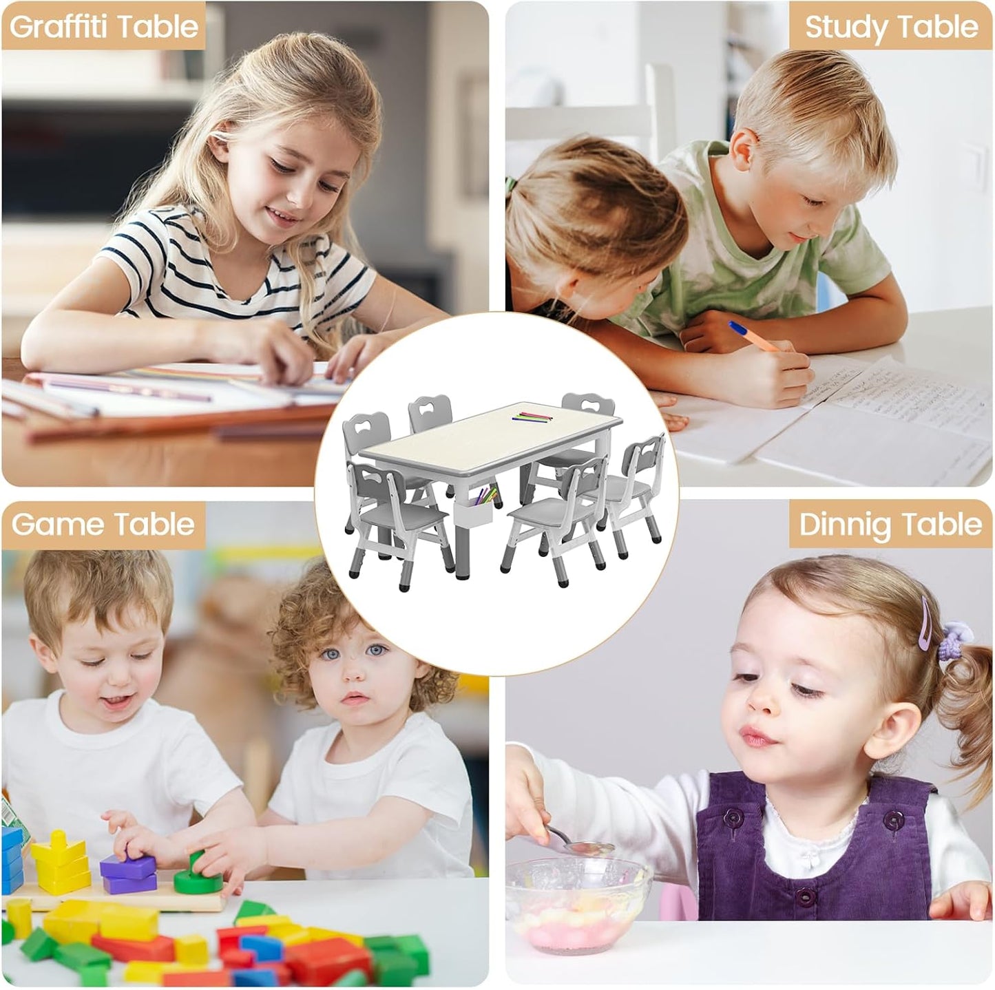 GarveeHome Kids Table and 6 Chairs Set, Height Adjustable Toddler Table and Chair Set, Graffiti Desktop, Children Study Play Dinner Table for Home Daycare Preschool for Ages 2-8, Grey