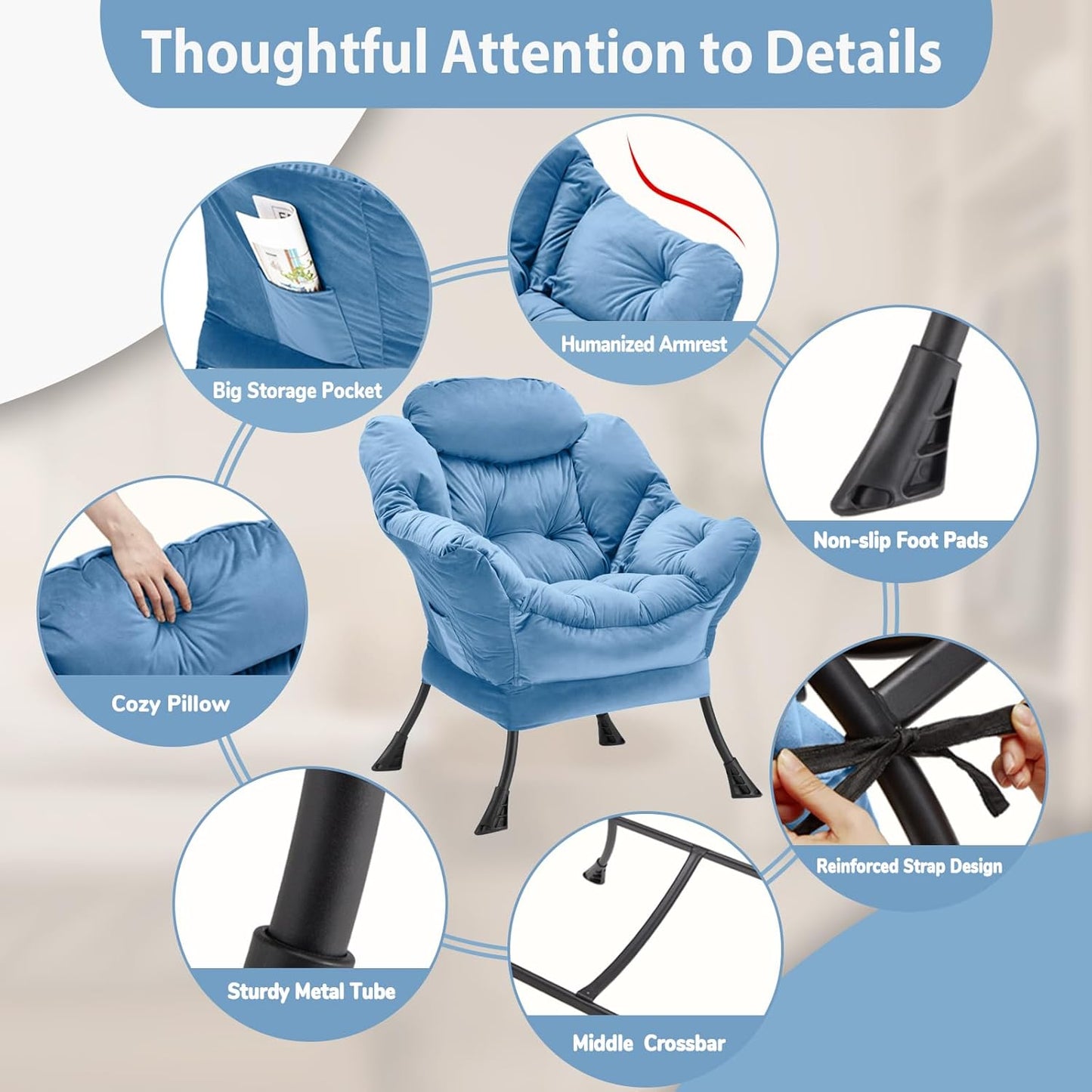 Lazy Chair Thick Padded, Comfy Velvet Accent Lounge Chair with Stable Frame, Leisure Sofa Armchair with Armrests and Side Pocket, Reading Chair for Bedroom, Living Room, Office, Light Blue